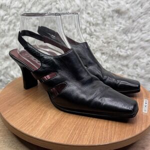 Moda Spana Black Leather Square Toe‎ Slingback Heels Shoes Size 8M Y2K 90's